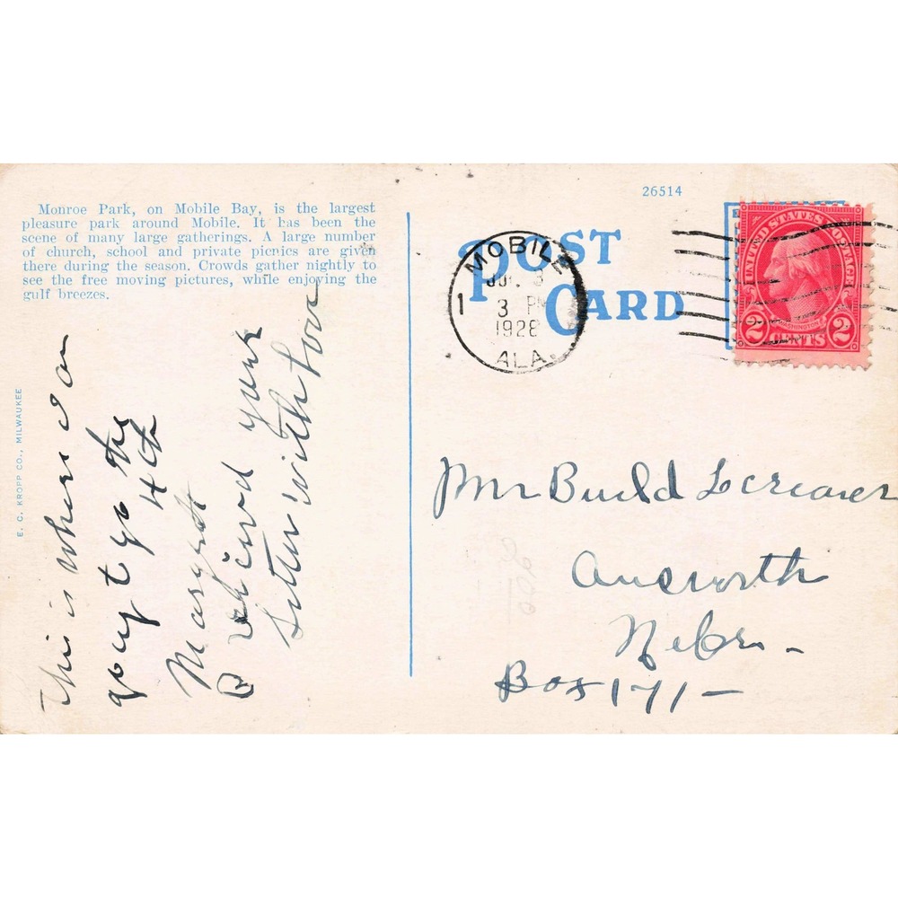 Monroe Park Mobile Alabama Linen Postcard 1928 Postmark E.C. Kropp Co. - Picture 2 of 2